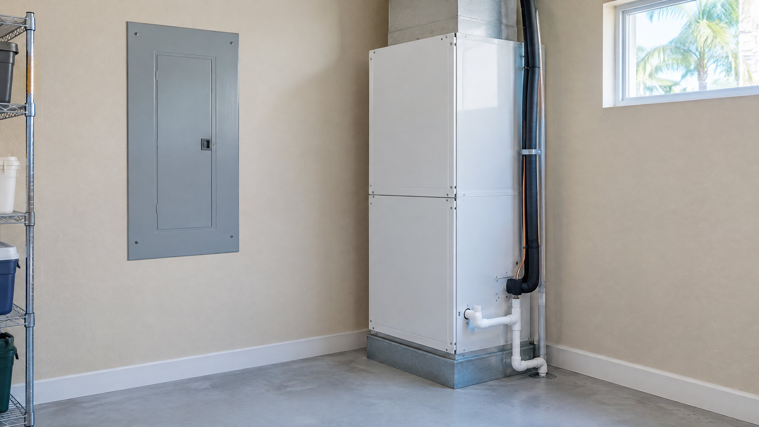 Original illustration of a closed electrical-panel cabinet beside a residential air handler