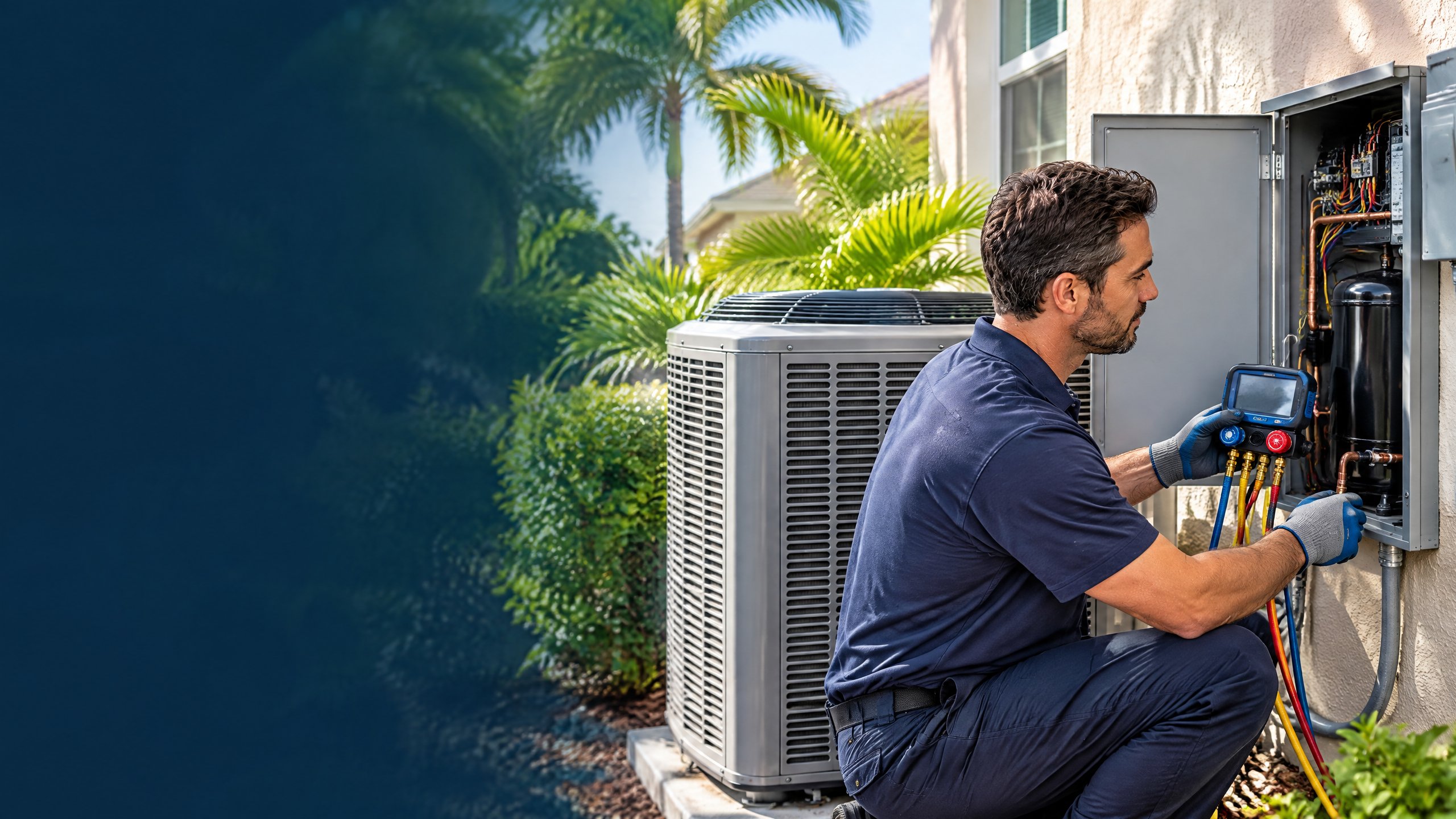 HVAC technician evaluating a residential outdoor AC compressor at a Tampa-area home