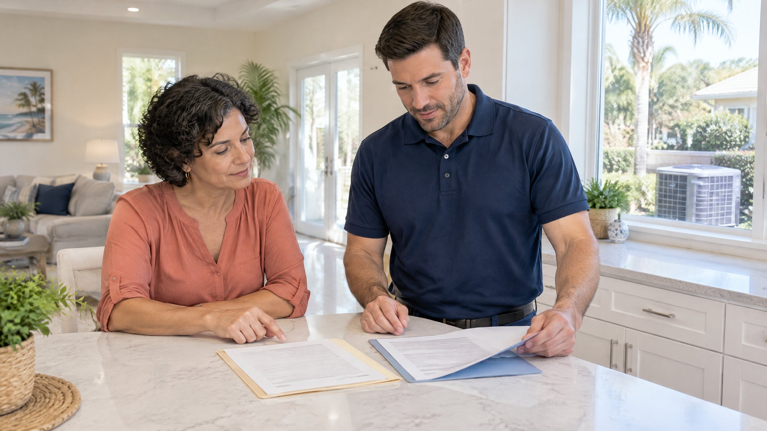 Illustrative homeowner and HVAC professional reviewing repair and warranty documents in a Tampa-area home