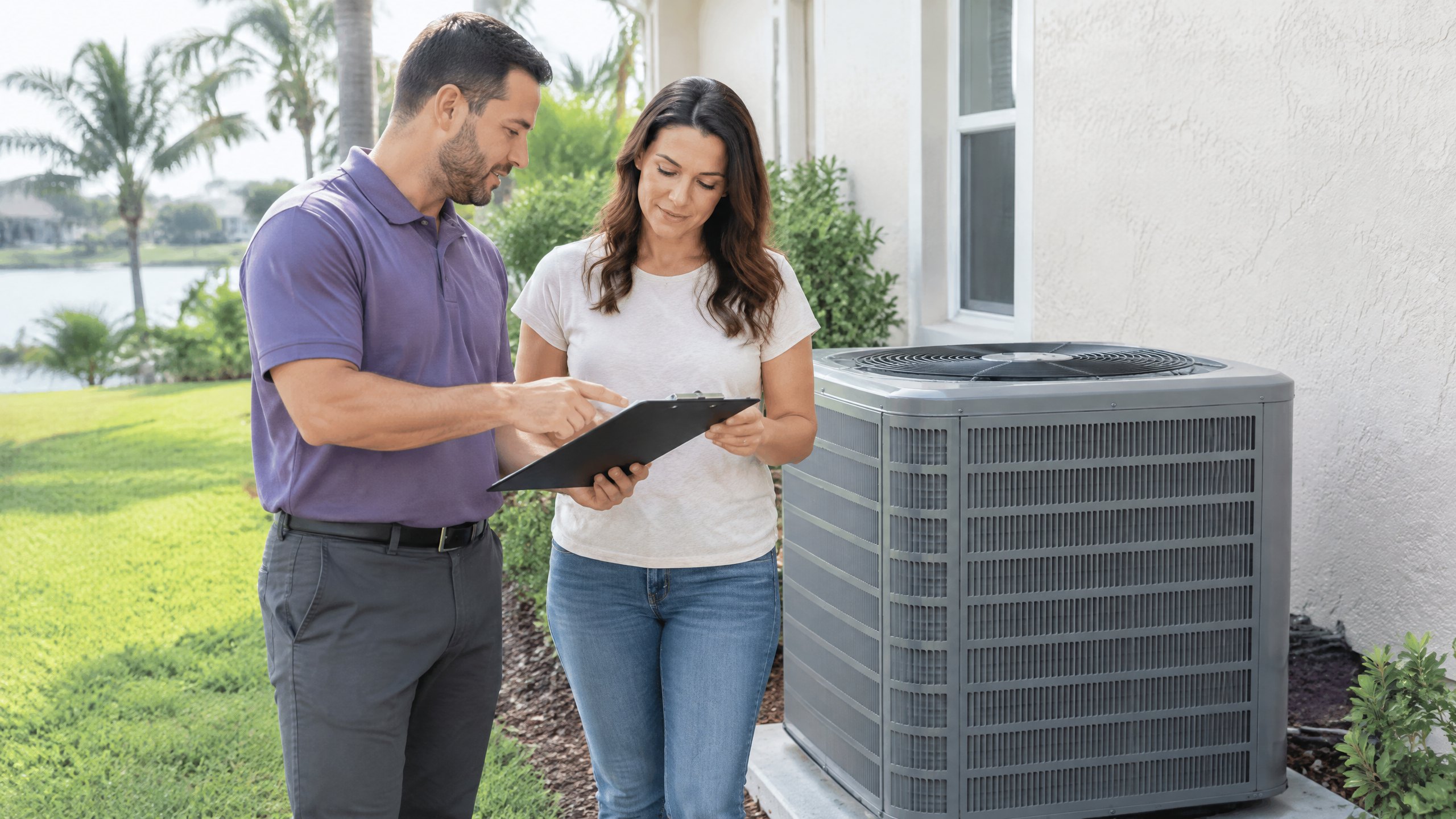Homeowner and HVAC professional discussing a written service estimate beside a closed outdoor AC unit