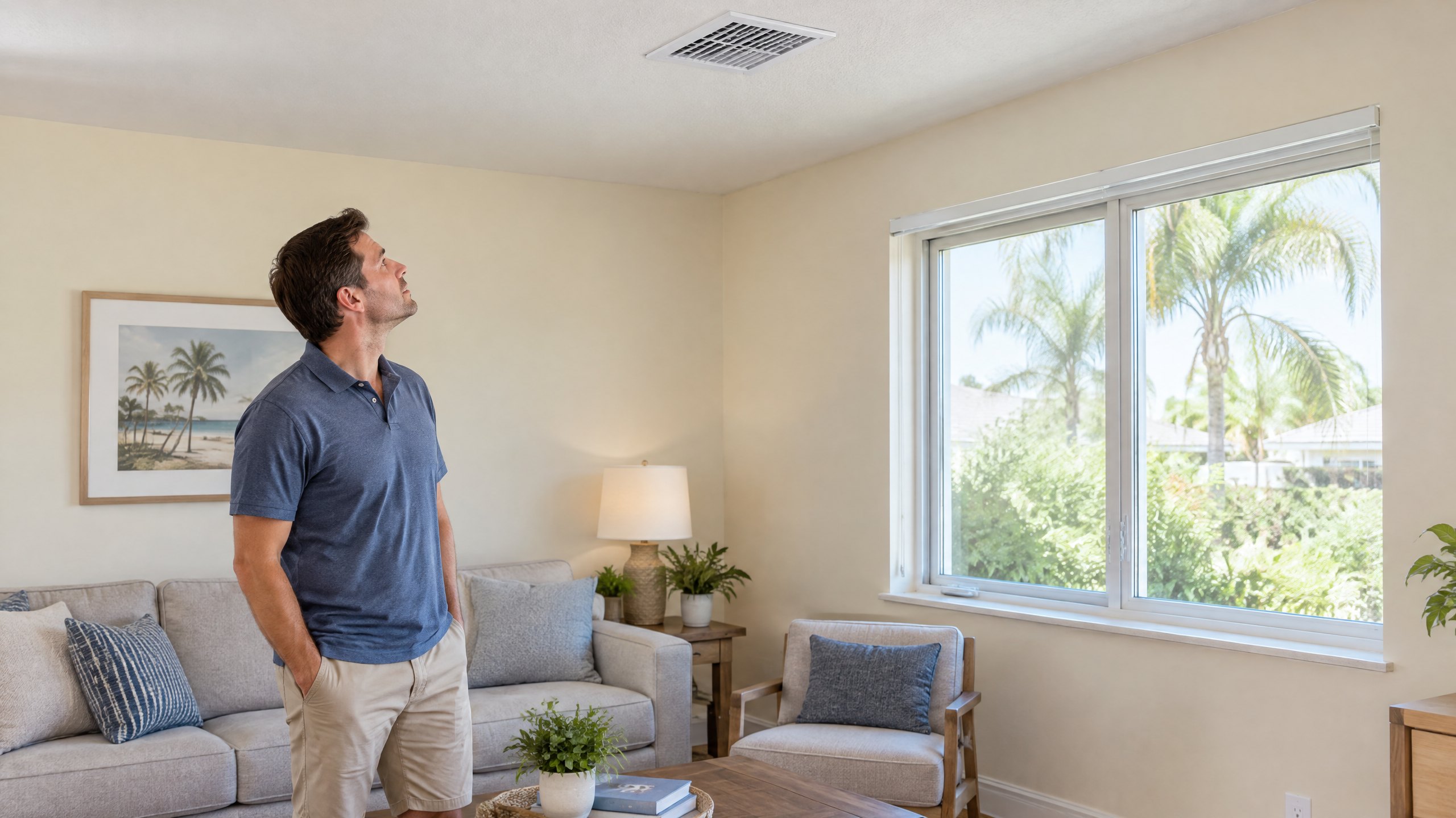 Homeowner looking toward a ceiling AC register in a Florida living room with a closed window
