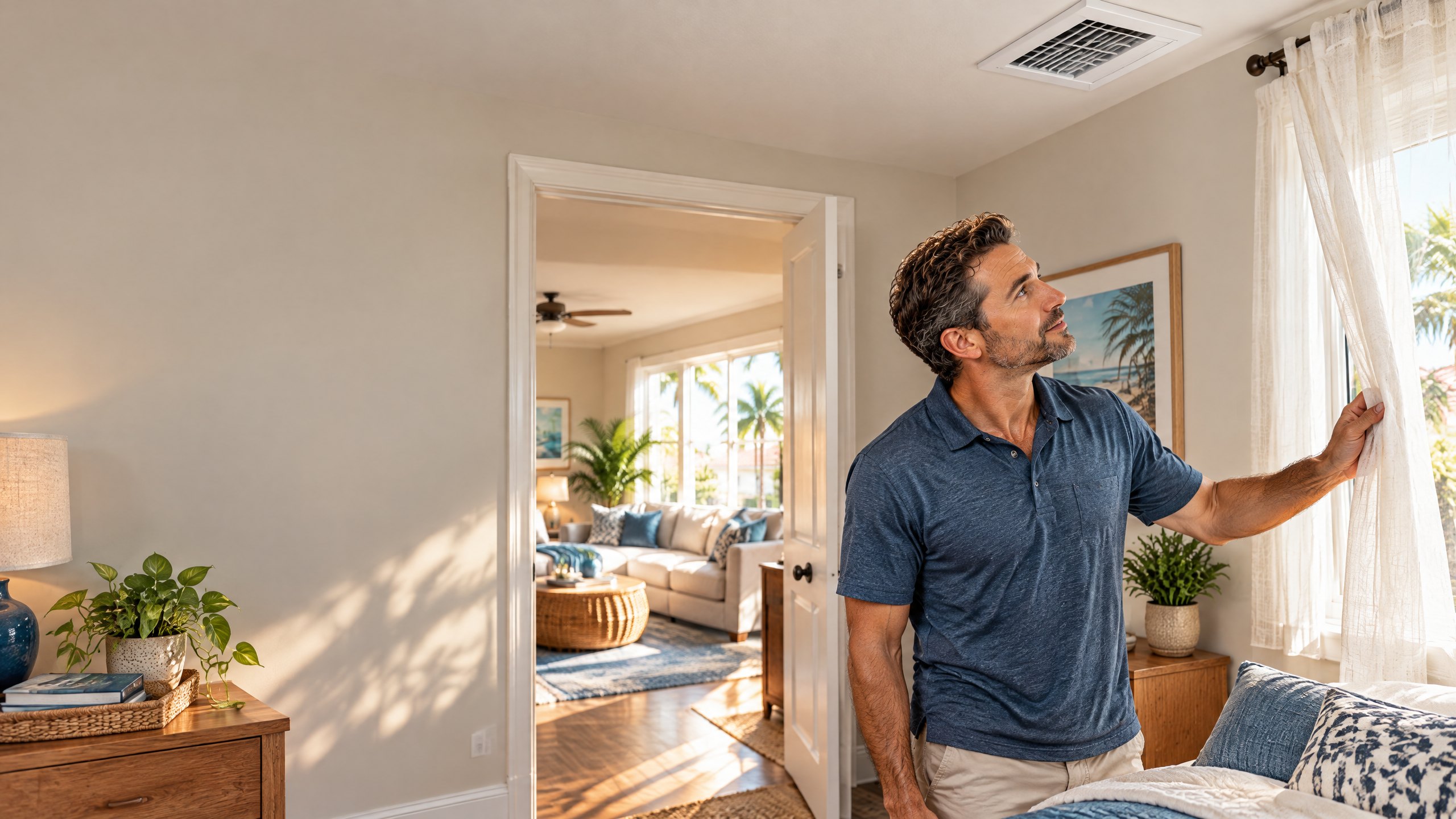 Homeowner looking toward a ceiling AC supply register in a bright Tampa-area guest room