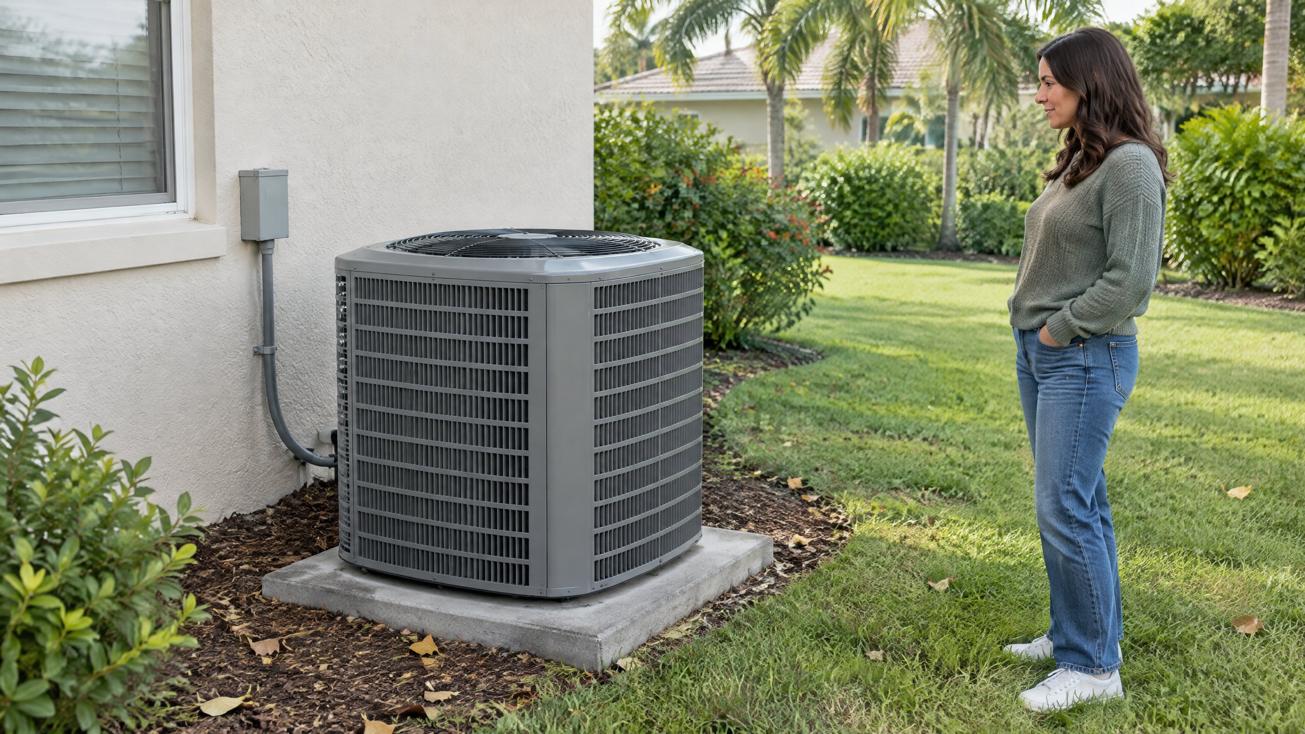 Uncovered outdoor AC condenser beside a Florida home with clear space around its cabinet