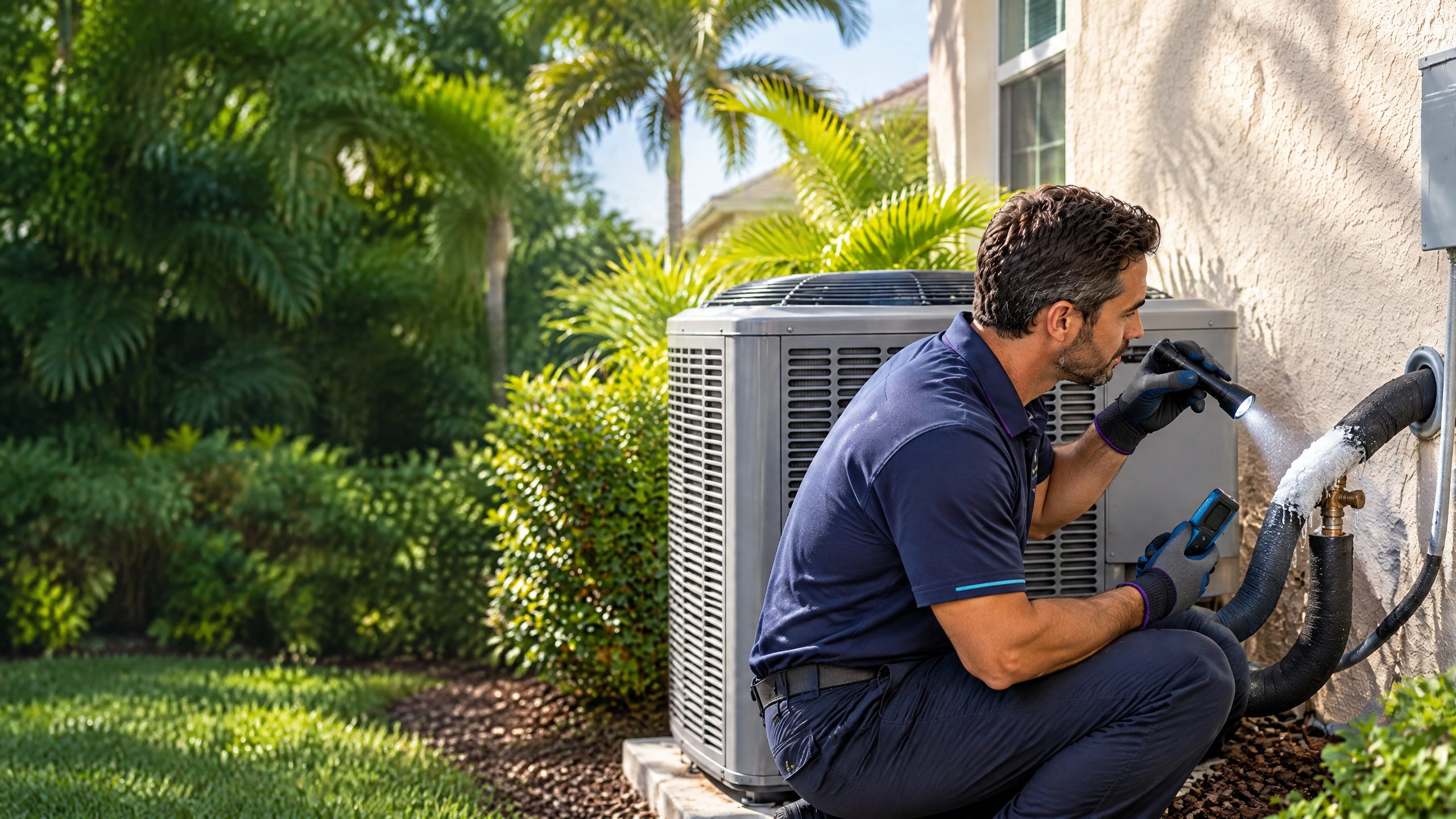 HVAC technician inspecting ice on a residential AC refrigerant line at a Tampa-area home