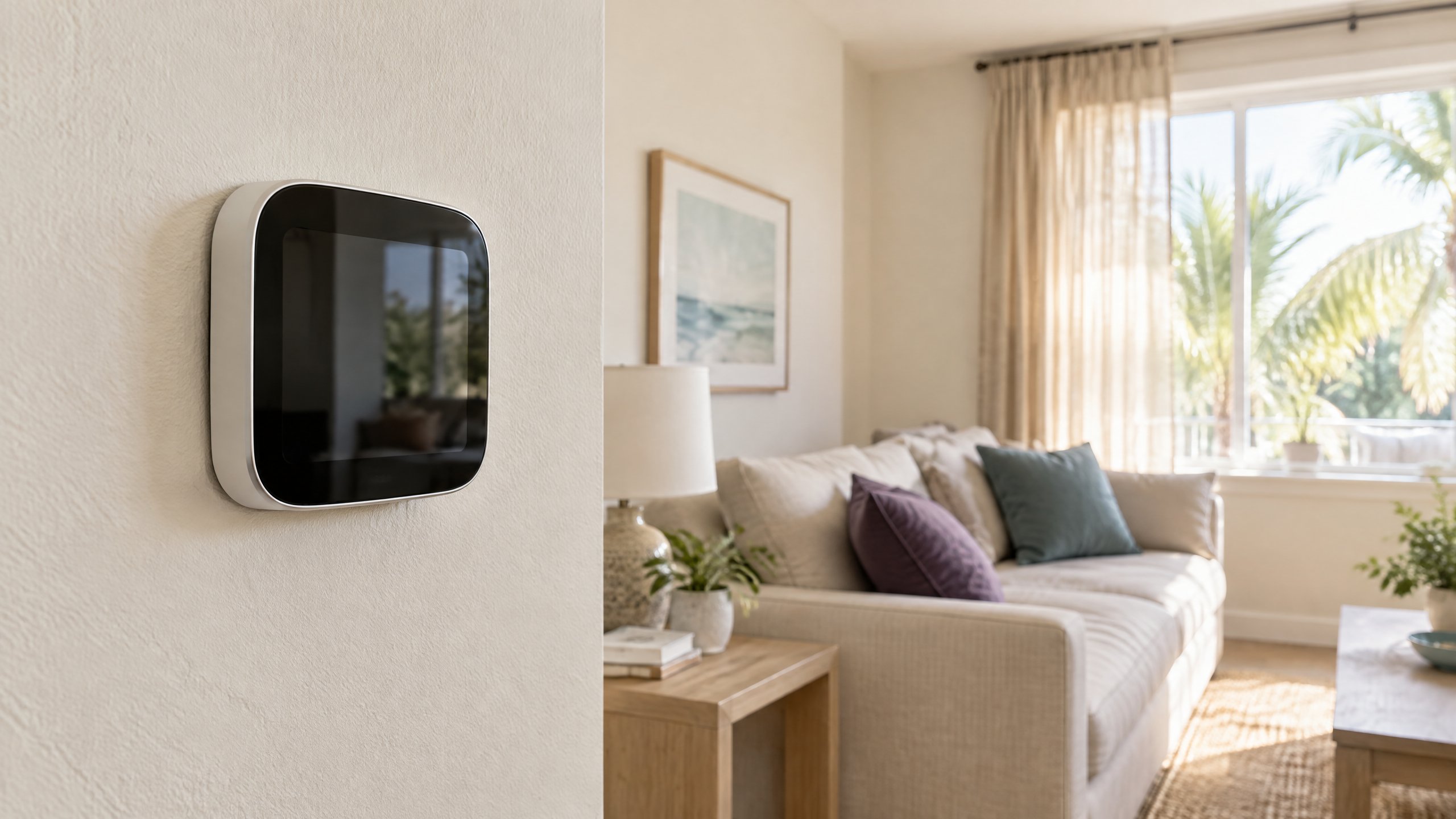 Original illustration of a wall thermostat beside a shaded Florida living room