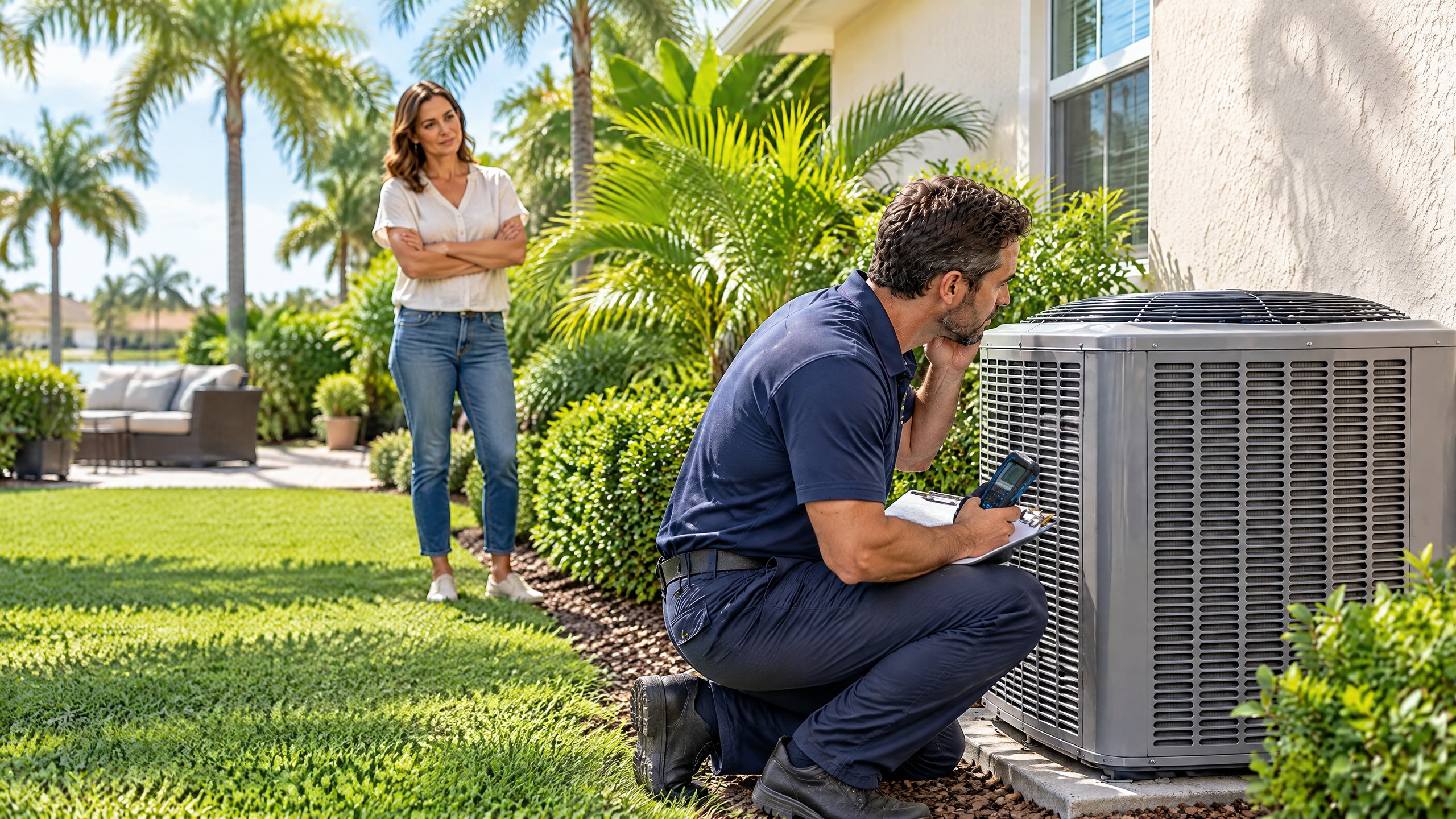 HVAC technician observing a stationary outdoor AC fan at a Tampa-area home