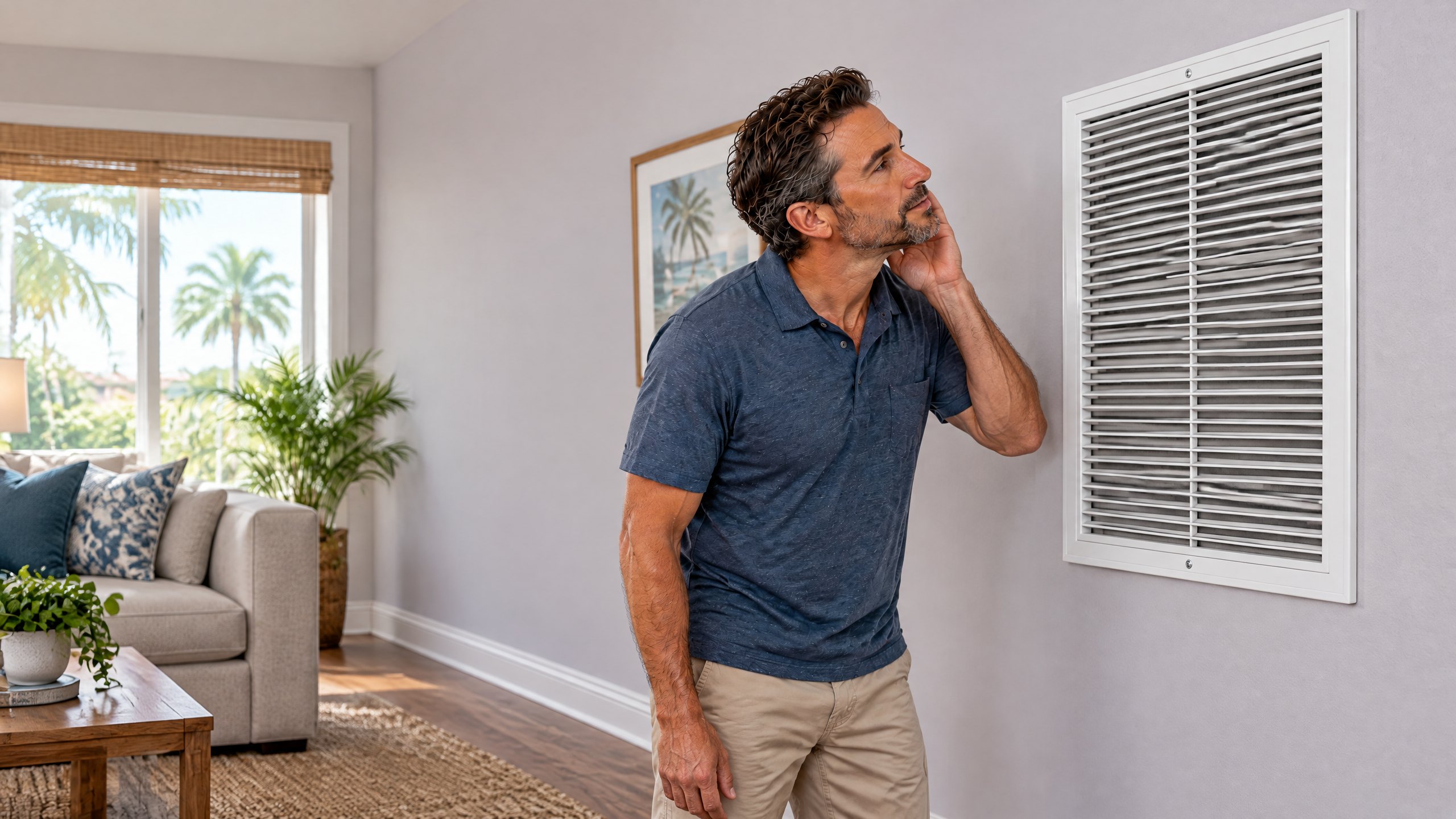 Tampa homeowner listening to a large indoor AC return-air grille