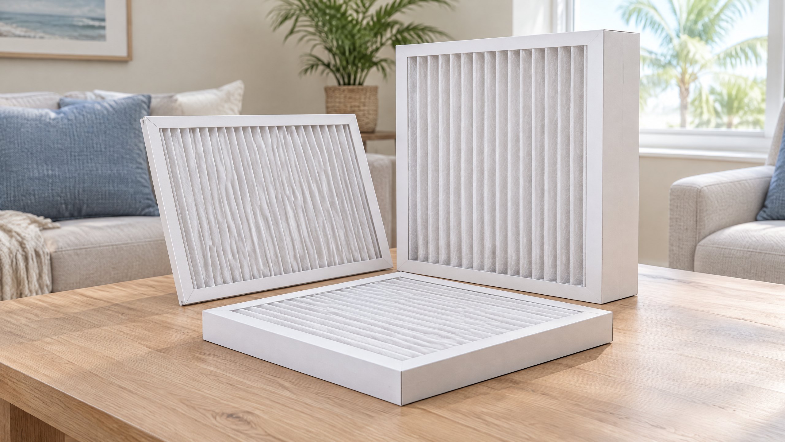 Unbranded pleated HVAC filters of different depths arranged on a table in a Florida living room