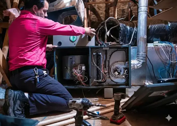 HVAC technician servicing AC unit in Wesley Chapel